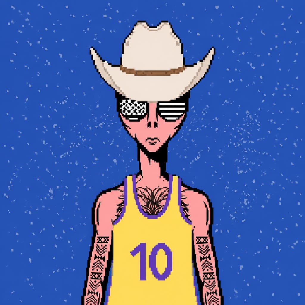 Tattooed alien in a yellow jersey and cowboy hat on a starry blue background