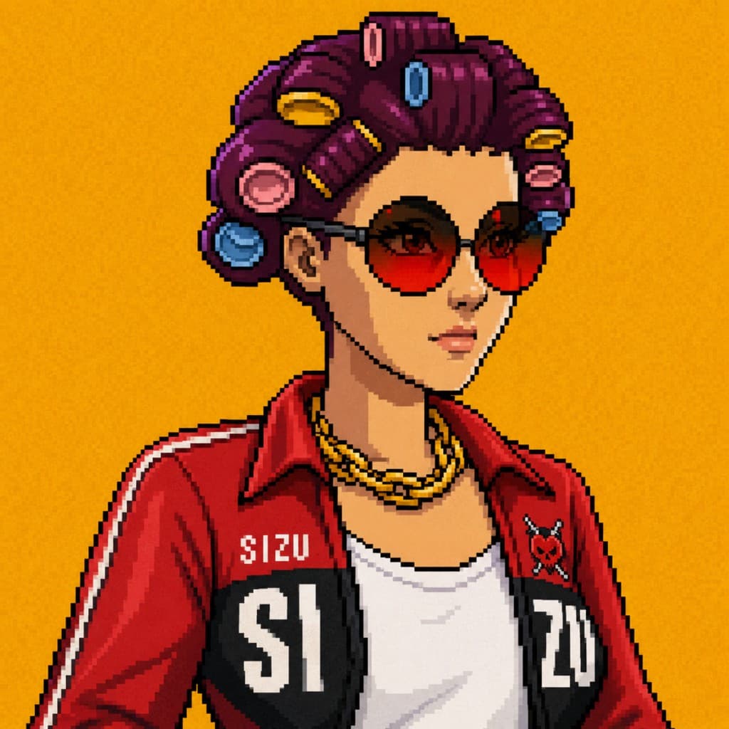 SIZU red tracksuit character with curlers and gold chain on a yellow background